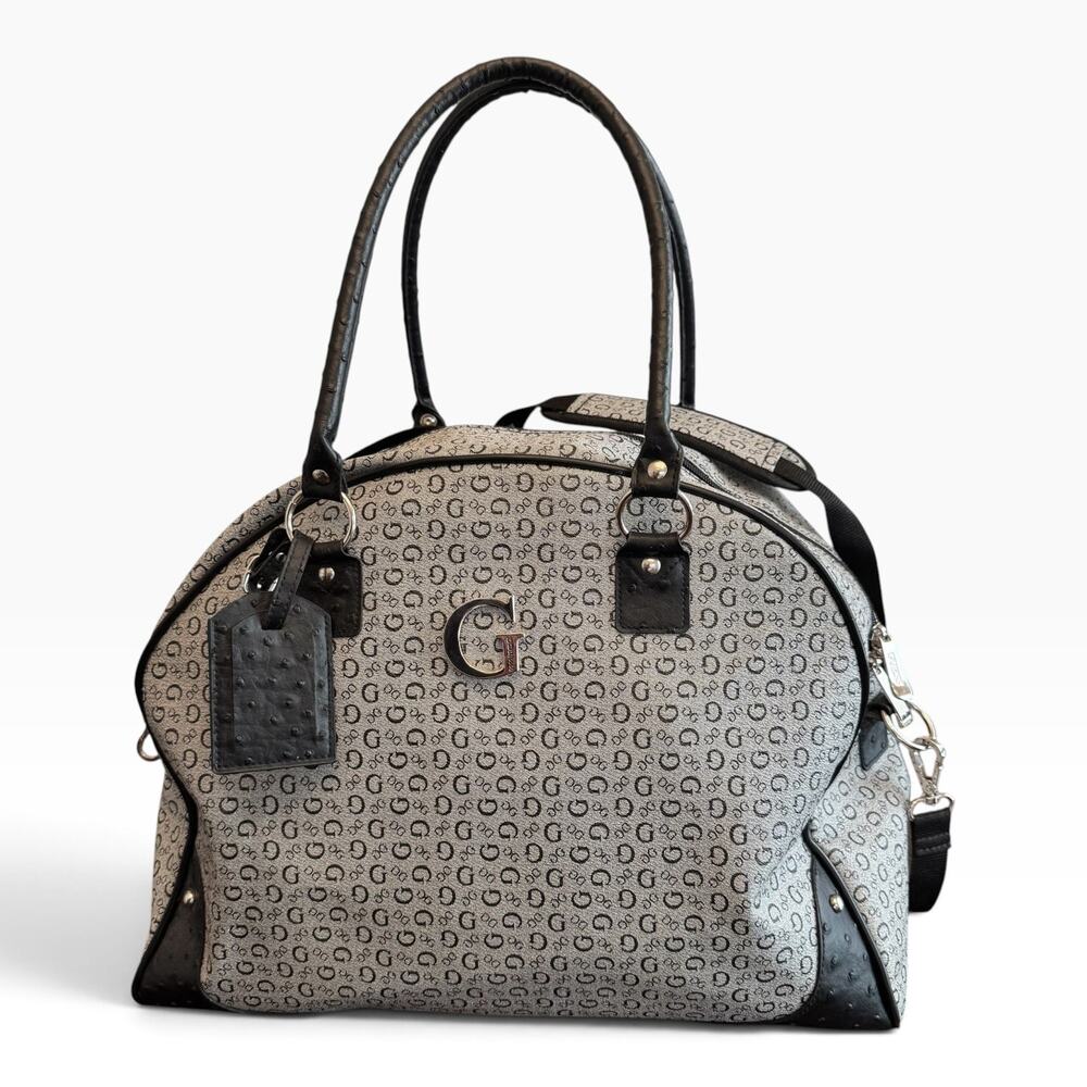 GUESS Monogram Weekender Travel Duffel Bag Gray Black Shoulder Strap Large